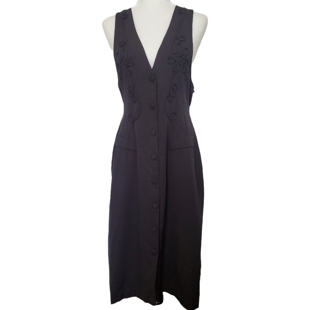 Vintage black button front embroidered midi dress